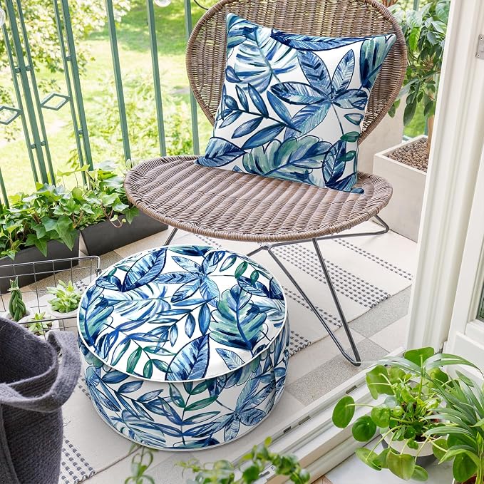 DYTXIII Inflatable Ottoman Stool D21 xH9 for Outdoor/Indoor Use, Water Repellent Patio Foot Rest Stool with Portable Handle,Round Pouf Ottoman Suitable for Garden,Deck and Camping - Leaves Ink Blue