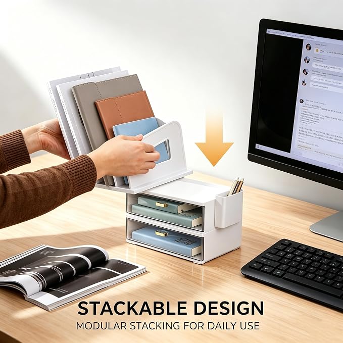CiWiVOKi White Desk Organizer with 4 File Holder Slots, 2 Clear Drawers & Dual Pen Holders, Sturdy Multi-Functional Desktop Storage for Home Office, Mail Sorter & Caddy