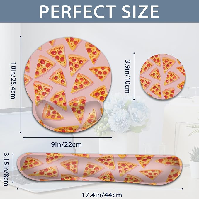Ergonomic Memory Foam Wrist Rest Set for Keyboard and Mouse,Cute Pizza Supportive Mouse Pad with Non Slip Base for Office Work and Gaming