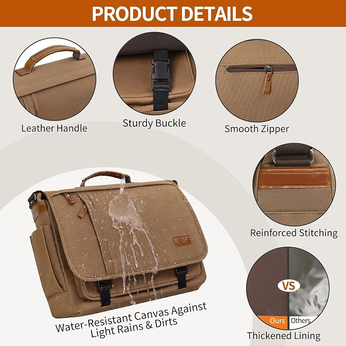 ESTARER Messenger Bag 17-17.3 Inch, Men's Computer Bag Water-resistant Canvas, Laptop Shoulder Bag for Travel Work College, Brown