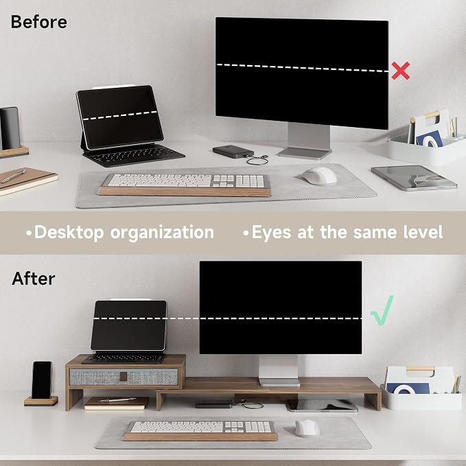 Fenge Computer Monitor Riser Stand with Drawer for 2 or 3 Monitors ,Adjustable Length and Angle Desktop Laptop Stand,Office Organizer,Printer
