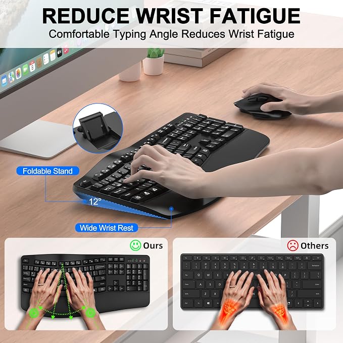 Wireless Keyboard and Mouse Combo, EDJO 2.4G Full-Sized Wave Keys Ergonomic Keyboard and Wireless Optical Mouse, Energy-Saving Wireless Mouse Keyboard for Computer, Mac, Laptop, PC, Windows(Black)
