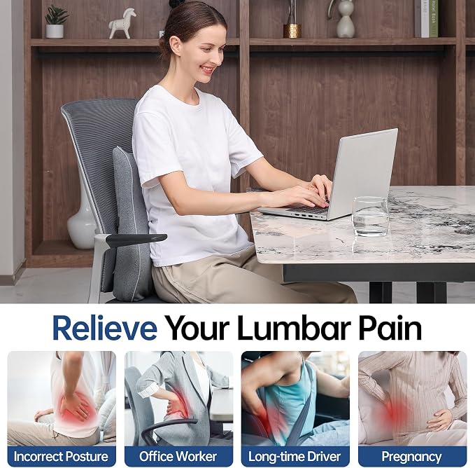 Lumbar Support Pillow for Office Chair Car Seat Gaming Chair, Memory Foam Back Support Pillow, Lumbar Cushion Back Cushion for Lower Back Pain Relief, Adjustable Strap Washable Cover-Grey