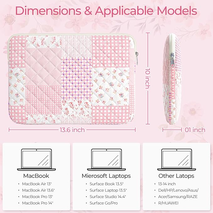 13-14 inch Cotton Quilted Laptop Sleeve for Women, Aesthetic Puffy Laptop Case Carrying Bag Compatible with MacBook Air/Pro 13/Pro 14, Soft Computer Liner Bag (Pink Patchwork, 13.3 inch)