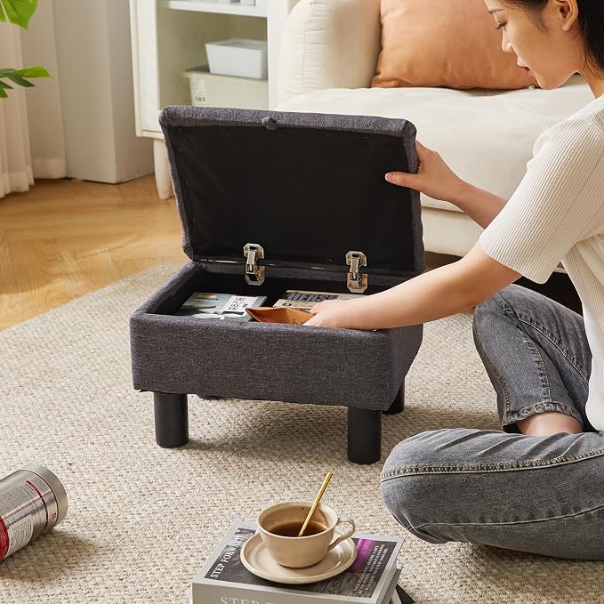Aibiju Small Foot Stool Ottoman with Storage, Linen Foot Rest with Wood Legs Safety Hinge Flip Top, Bedside Step Stool Rectangle 16x12x9.5inch for Living Room Bedroom Dark Gray YD-JD1363