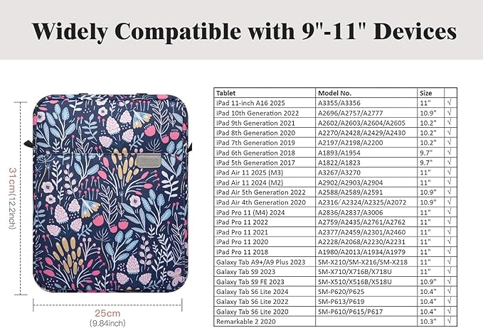TiMOVO 9-11 Inch Tablet Sleeve Bag with Shoulder Strap for iPad 11-inch A16 2025, iPad 10th Gen. 10.9"/10.2", Galaxy Tab A9+/A11Plus 11", Colorful Flower