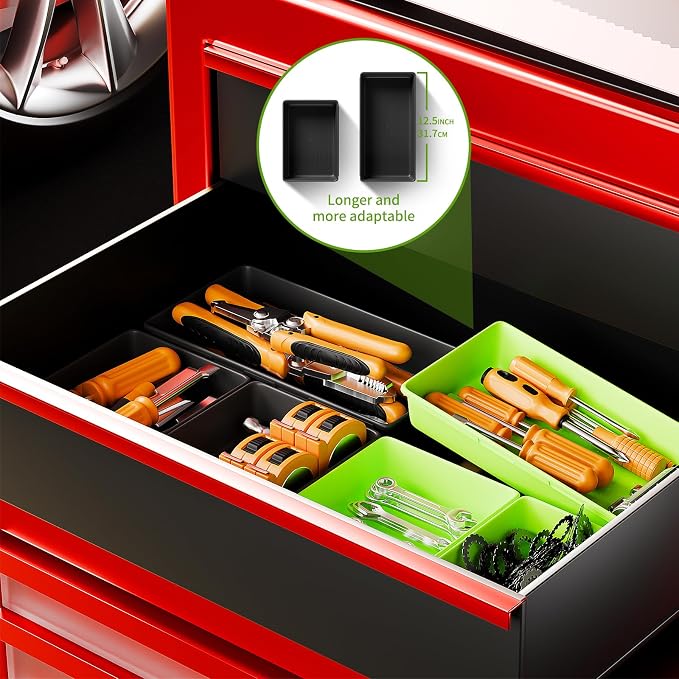 [5 Sizes] [69 PCS] Tool Drawer Organizer, Tool Box Tray, Desk Drawer Tray, Rolling Tool Chest, Toolbox (Black+Green)
