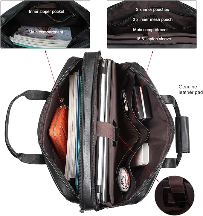 Masa Kawa Leather Briefcase for Men 17/15.6" Laptop Crossbody Shoulder Messenger Bag Business Travel Work Attache Case