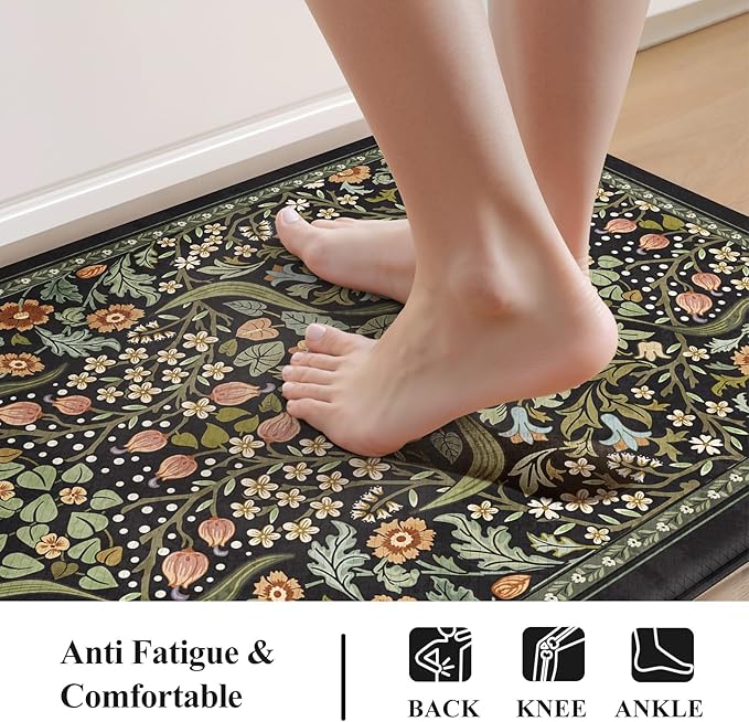 Collive Kitchen Mats for Floor, Cushioned Anti Fatigue Mat Black Floral Rugs Non Skid Waterproof Sink Rug, Memory Foam Comfort Standing Mat for Office, Laundry, Desk, 24''x71''