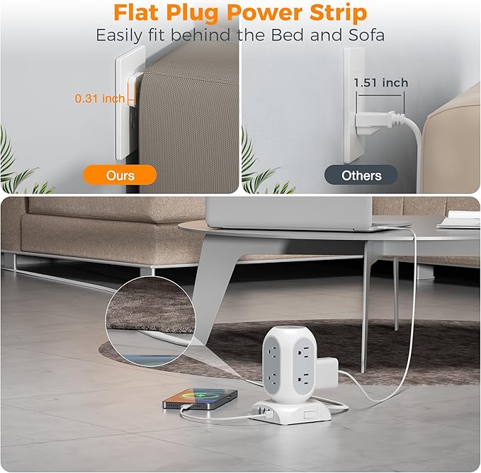 TESSAN Surge Protector Power Strip Tower, Flat Plug Extension Cord 10 Ft with 8 AC Multiple Outlets 4 USB Ports (1 USB C), 1050J Protection Desk Charging Station for Home, Office, Dorm Room, Gray