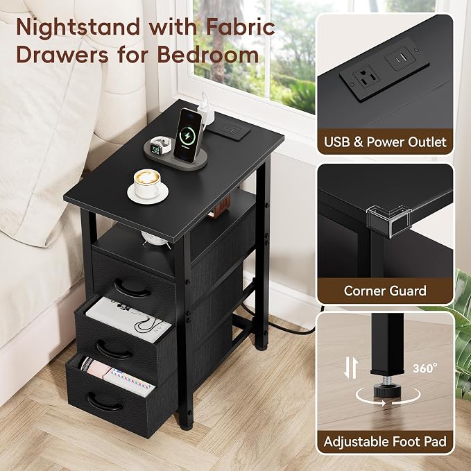 Vagusicc Black End Table with Charging Station, Narrow Side Table, 25.2'' Tall Narrow Nightstand with 3 Fabric Drawers, Slim Sofa Side Table for Small Spaces, Small Night Stand for Bedroom, Black