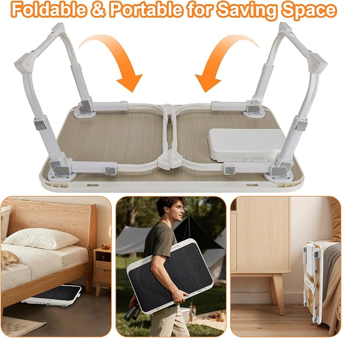 Laptop Desk for Bed, Adjustable Height Laptop Bed Table, Foldable Lap Desk with USB Charge Port, Desktop Card Slot, Side Drawer, Book Shelf, Portable Lap Tray for Eating Reading Working Sofa & Floor