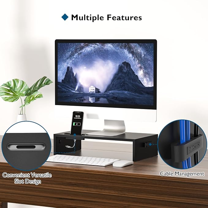 1home Monitor Stand Riser, 16.7 Inch Wood Monitor Riser Stand with Storage Organizer, Desktop Ergonomic Monitor Stand Riser with Cellphone Holder and Cable Management, Black