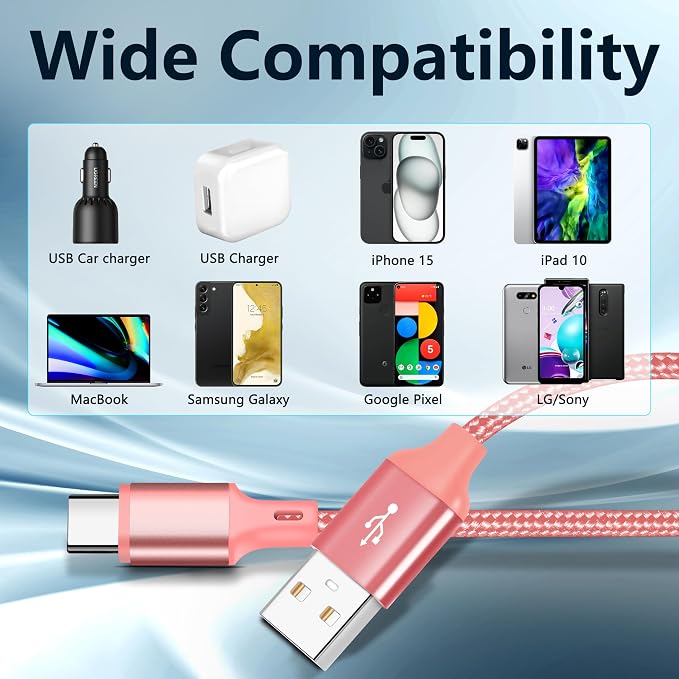 USB A to USB C Charger Cable, 5 Pack [3/3/6/6/10ft] Type C Fast Charging Cord High Data & Transfer Wire Compatible for iPhone 16/15/Pro/Plus/Pro Max iPad Pro Air ps5 Controller Samsung Galaxy(Pink)