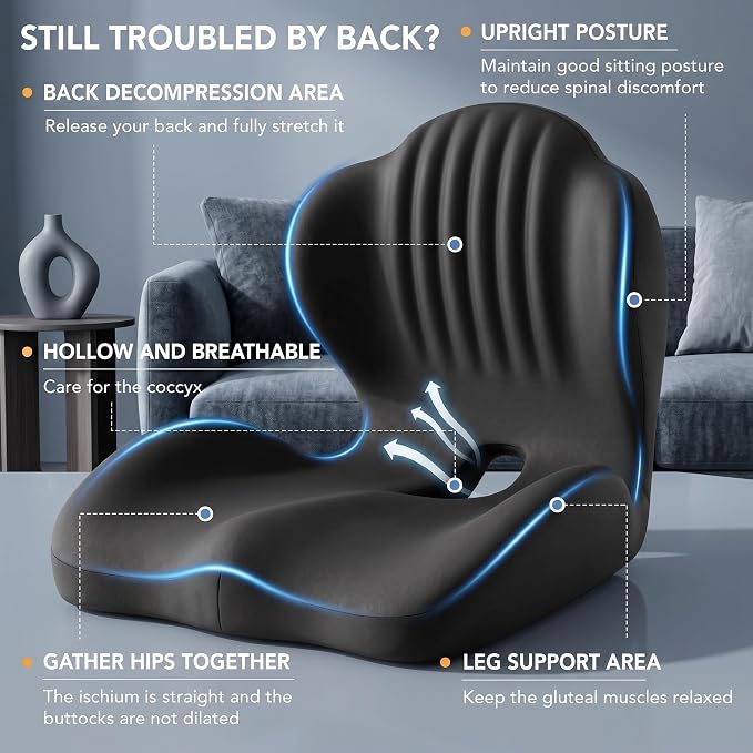 Ergonomic Office Chair Seat Cushion, L-Shaped Memory Foam Coccyx Cushion for Tailbone Pain Relief, Orthopedic Car Seat Cushion with Lumbar Support & Cutout Hollow for Sciatica & Back Pain (Black)