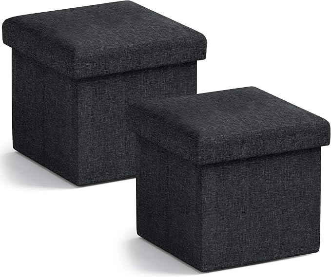 Ornavo Home Small Storage Ottoman, Set of 2 Foldable Collapsible Cube Square Linen Ottoman Foot Rest Stool Seat, for Living Room, Bedroom, Home Office, Dorm - 12 x 12 x 12, Black