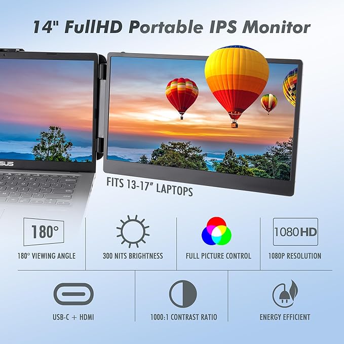 Asani 14" Portable Monitor - Full HD Tri-Screen Extender for Laptops, USB Type-C plus HDMI, Plug and Play, Compatible with 13"-17" Laptops, 1080P IPS Panel Display, 300nits Brightness, MacOS & Windows