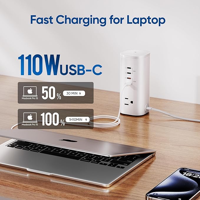 TenTrend 160W Fast Charging Tower Power Strip, Surge Protector with 3 AC Outlets & 8 USB Ports (4 USB-C), 5FT Flat Plug Extension Cord for Home, Office, Dorm Room