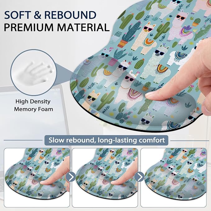 Cute Alpacas Ergonomic Keyboard and Mouse Wrist Rest Set, Cacti Mouse Pad with Non Slip Base, Soft Cloth Surface for Office and Home Typing Support