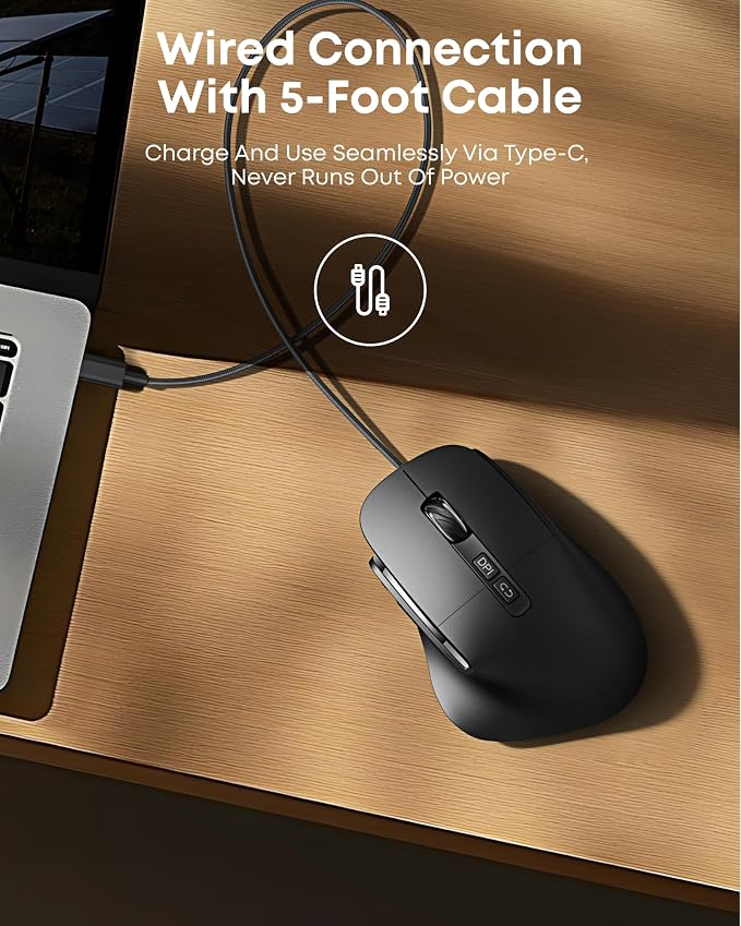 Ergonomic Rechargeable Mouse with Jiggler, Bluetooth+2.4G Wireless+Wired(3 in 1) Connection, Max 4800DPI, Rapid Fire Key, 5ft Charging Cable, Carpal Tunnel Silent Mice with LED for Office,Gaming