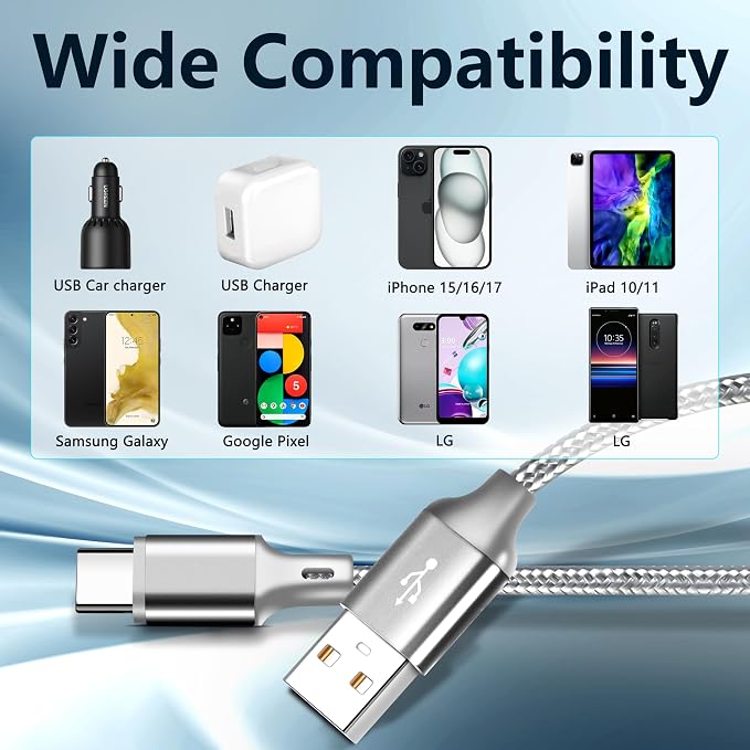 USB A to USB C Charger Cable, 5 Pack [3/3/6/6/10ft] Type C Fast Charging Cord High Data & Transfer Wire Compatible for iPhone 17/16/15 Plus/Pro Max iPad Pro Air Ps5 Controller Samsung Galaxy(Gray)