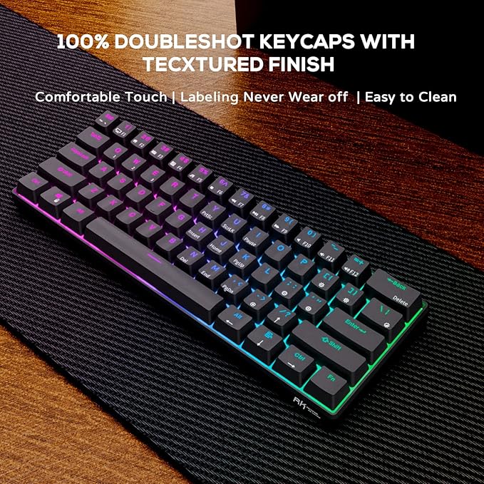 RK ROYAL KLUDGE RK61 60% Mechanical Gaming Keyboard with Coiled Cable, 2.4Ghz/Bluetooth/Wired, Wireless Bluetooth Mini Keyboard 61 Keys, RGB Hot-Swappable Red Switch, Ergonomic Design - Black
