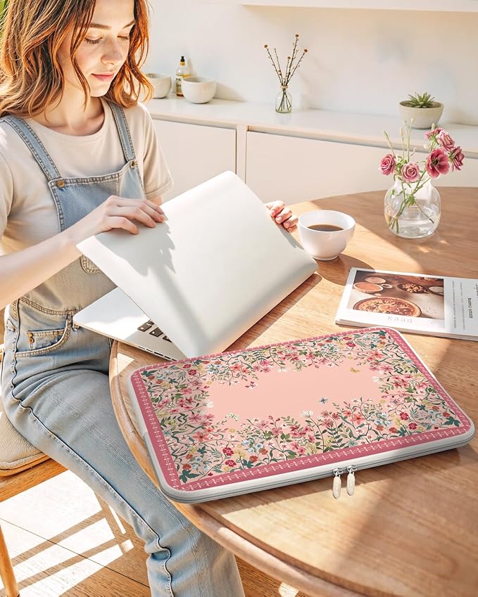 iCasso Pink Laptop Bag 13 inch,Cute Computer Sleeve Bag for Women,13-13.6 inch Laptop Carrying Case Compatible with MacBook Neo/Air/Pro 13-14 Sleeve, HP Dell ASUS Lenovo Chromebook Notebook,Floral