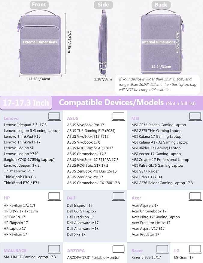 HYZUO 17-17.3 Inch Laptop Bag Case Sleeve for 17" 17.3" HP/Dell/Lenovo/ASUS/Acer/LG/MSI Gaming Laptop/Razer Blade 17/18, Notebook Carrying Briefcase for Men Women, Lilac Purple