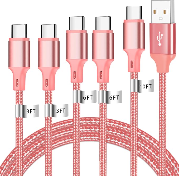 USB A to USB C Charger Cable, 5 Pack [3/3/6/6/10ft] Type C Fast Charging Cord High Data & Transfer Wire Compatible for iPhone 16/15/Pro/Plus/Pro Max iPad Pro Air ps5 Controller Samsung Galaxy(Pink)