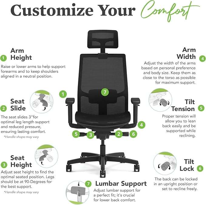 HON Ignition 2.0 Ergonomic Office Chair with Headrest, Mesh Desk Chair with Lumbar Support, Synchro‑Tilt Recline, Height and Width Adjustable Arms, Swivel Wheels, Black Frame, Black