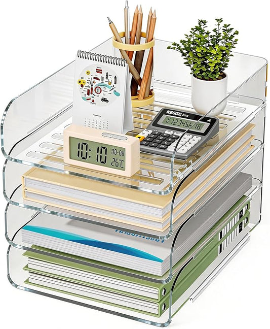 HIYOHIYO 4-Tier Clear A4 Paper Organizer for Office Desk, Stackable Desktop Letter Papers Tray, Acrylic Desk Paper Holder, Large Capacity File Folder Organizer, Vertical Style