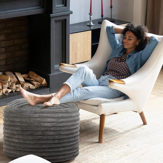 Teenyyou 2 Pcs 26 x 18 Inch Unstuffed Pouf Cover Ottoman Foot Rest - No Filler, Faux Rabbit Fur Foot Stool Floor Bean Bag Floor Chair Storage for Living Room Bedroom Home Decor(Gray)
