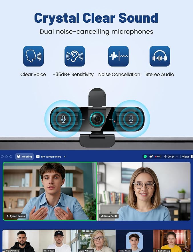 RUWBY QHD 2K Webcam with Built-in Dual Mics, Wide-Angle Lens, Privacy Cover, Tripod Stand, Autofocus Computer Camera, Plug and Play for Desktop PC or Laptop