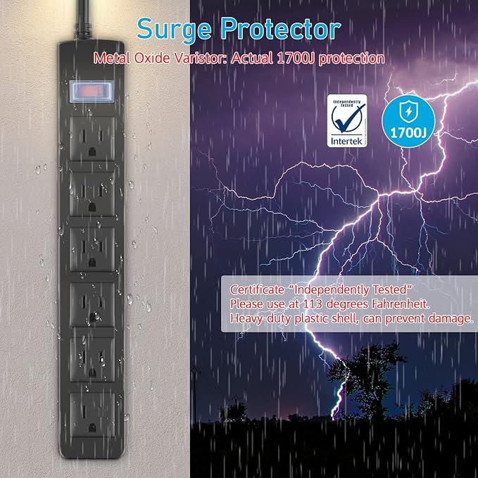 Outdoor Power Strip Waterproof with 6 Outlets, Garden Weatherproof Surge Protector, Christmas Multiple Outlet Exterior Socket for Lighting Appliances. 6FT Extension Cord Strip with Flat Plug. Black