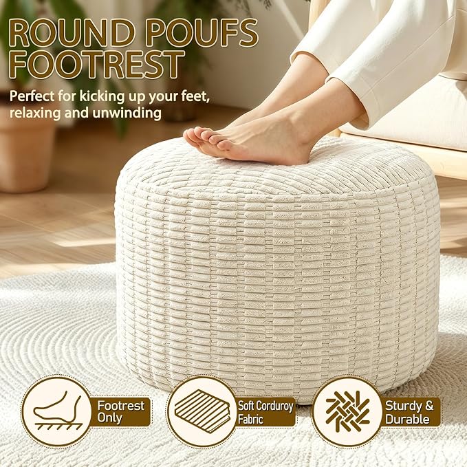 Round Corduroy Ottoman Foot Rest Pouf for Living Room Couch - Soft Plush Shredded Foam Filled Hassock Stool, Comfy Footstool for Adults (Navy - Chunky Corduroy, 26 INCH×18 INCH)