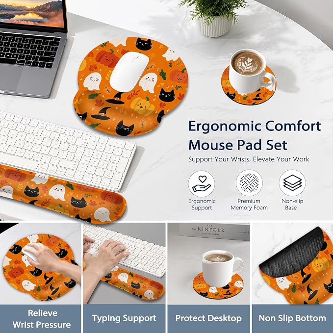 Halloween Wrist Rest Support for Mouse Pad Keyboard Set, Ghosts Pumpkins Black Cats Mouse Pad with Non Slip Rubber Base for Home and Office Typing Support