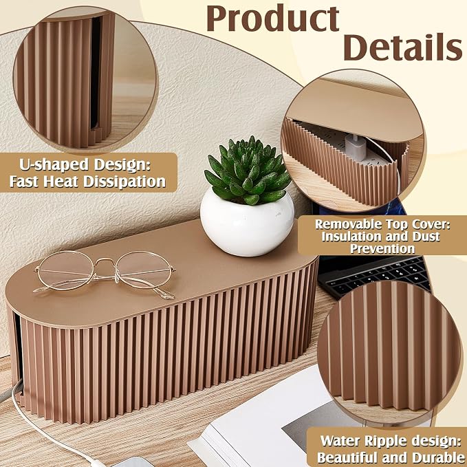 Marsui 2 Pcs Light Coffee Cable Management Organizer Box for Hiding Wires, Home Office Desk Floor Cord Organizer, 11.8 x 5.1 x 4.3 Inch Cord Strip Protect Holder Wire Storage