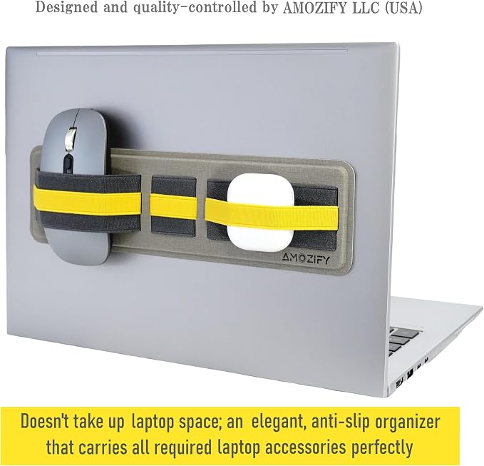 AMOZIFY® Space-Efficient Anti-Slip Organizer, Mouse Holder for Laptop Stick On, 3-Slot Band Laptop Pocket Adhesive | Hard Drive Holder (Gray-Yellow)