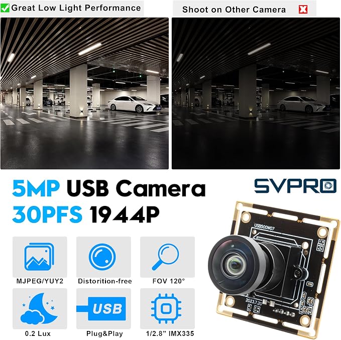 SVPRO 5MP 30FPS USB Camera Module with M12 Lens 120 Degree Wide Angle Webcam Board IMX335 Low Light Computer Vision Industrial Camera for PC,Raspberry Pi, Jeston Nano