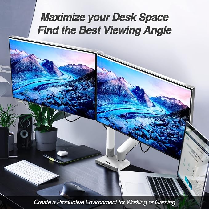 AVLT Dual Monitor Arm Desk Mount for 13"–43" Flat/Curved Screens with USB-A Pass-Through, Full Motion Height Adjustable Swivel Tilt Rotation VESA/C-Clamp/Grommet/Cable Management, White