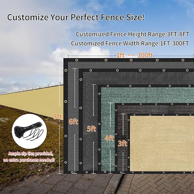 KANAGAWA 8ft x9ft Balcony Privacy Screen Fence, 90% Blockage Heavy Duty 175 GSM Fencing Mesh Net Cover for Outdoor Wall Garden Yard Backyard, Cable Zip Ties Included, Sand