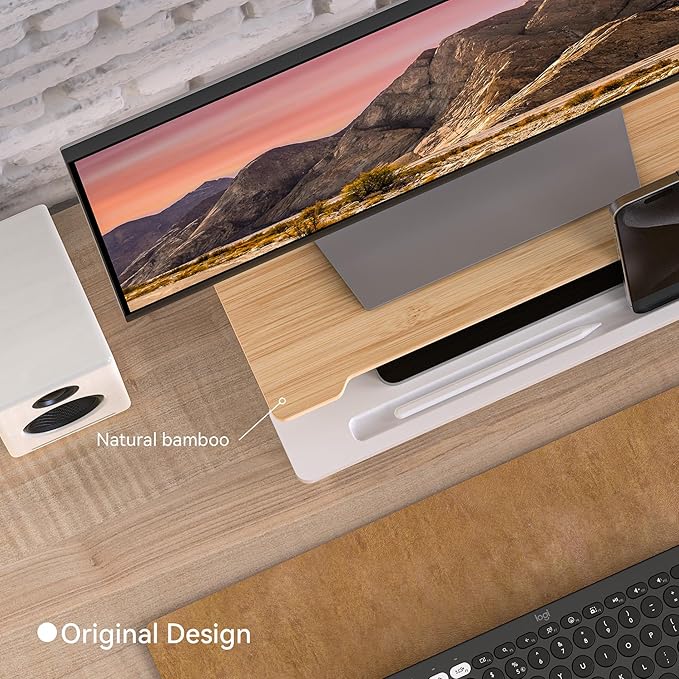 Computer Monitor Stand Riser, 16.5 Inch Wood Desk Shelf Storage Organizer with Phone Tablet Holder, White & Natural Bamboo