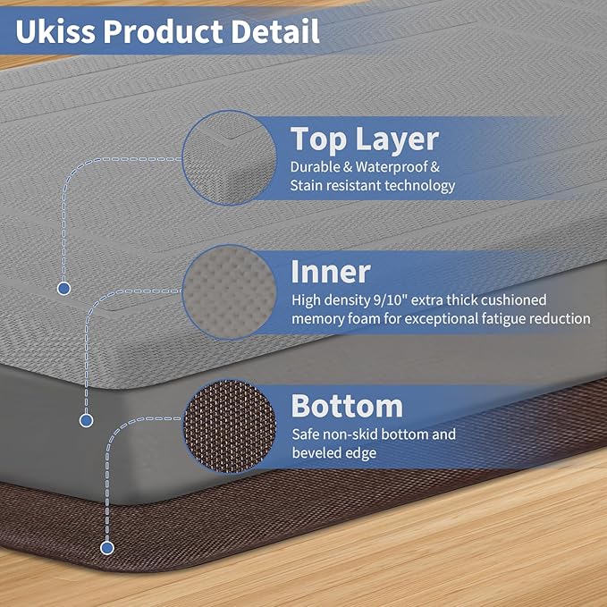 UKISS 9/10"" Extra Thick Cushioned Anti Fatigue Kitchen Mat, Waterproof High Density Foam Standing Desk Mat, Non-Slip Ergonomic Comfort Mat for Kitchen, Office,Workstation (Grey, 20" X 32")