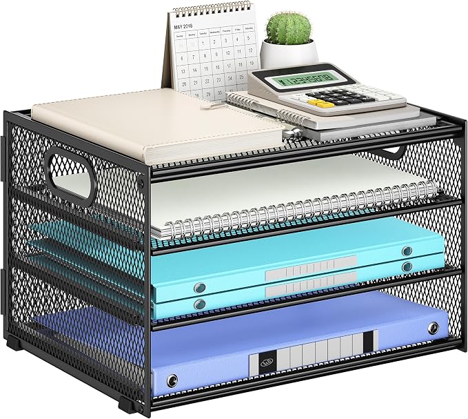 Subekyu Paper Letter Tray Organizer for Desk, Black Metal Mesh Desk File Sorter Organizer with Handle and 2 Sliding Trays for Home Office School Supplies Organization