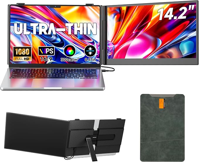 Laptop Screen Extender 0.17" Ultra-Thin, 14.2" FHD 1080P IPS Portable Monitor for Laptop, Dual Screen Travel Monitor Extender Suitable for 13"-17.3" Plug & Play for Windows/Mac/Android/Switch/PS-5