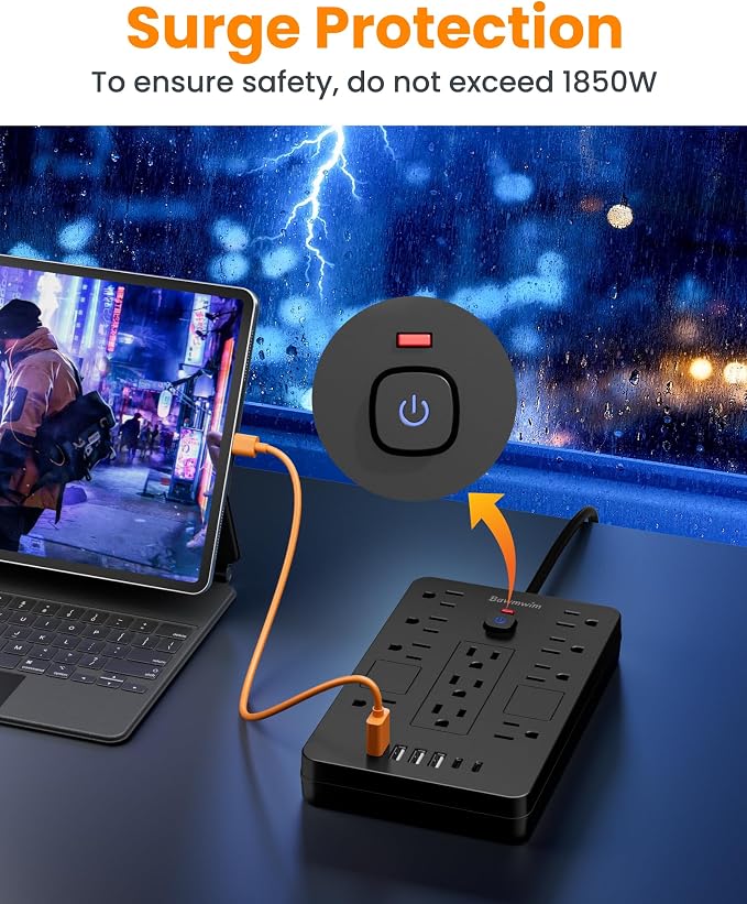 Surge Protector Power Strip - 11 Outlets(1850W/15A/14AWG) with 6 USB Ports(2 USB C), 20FT Flat Plug Extension Cord, Wall Mount, Black, ETL Listed for Home, Dorm Room