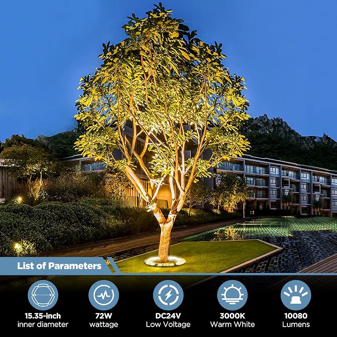 Gardencoin Outdoor Ring Tree Lights, 72W LED Landscape Uplighting for Trees, 3000K Warm White, Low Voltage IP65 Waterproof, 15.35" Inner Diameter, 10080 Lumens (Set of 6)