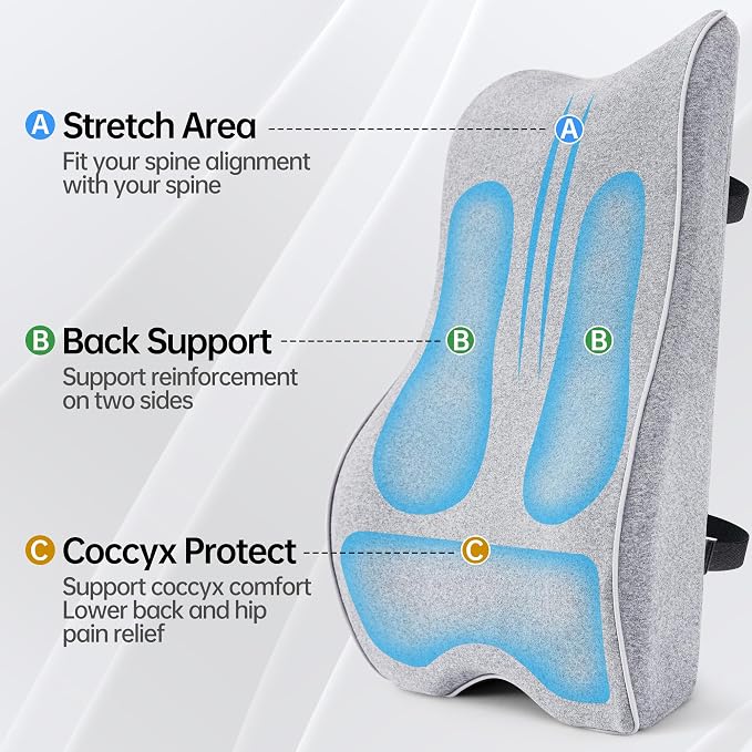 Lumbar Support Pillow for Office Chair Car Seat Gaming Chair, Memory Foam Back Support Pillow, Lumbar Cushion Back Cushion for Lower Back Pain Relief, Adjustable Strap Washable Cover-Light Grey