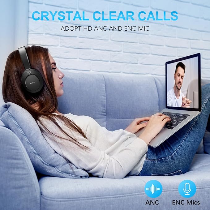 Over Ear Headphones Wireless Bluetooth, Noise Cancelling Headphones Bluetooth with Microphone, Cancelling Wireless Headphone Over Ear, 65h Playtime, Clear Calls, Comfort Fit For Travel (Black)