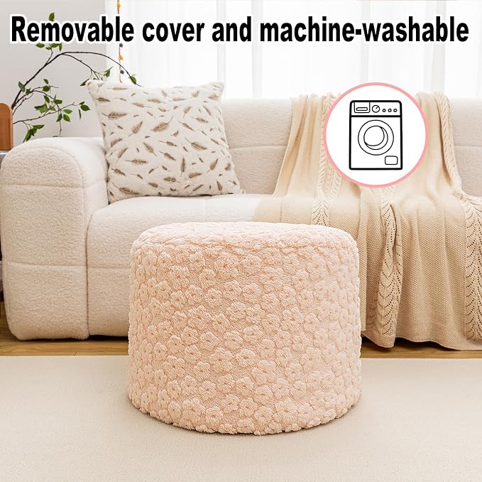 Ottoman Foot Rest Stuffed Round Boho Floor Poof Seating Armchair Ottoman Foot Stool Floor Cushion Bean Bag Pouf 18x18x14 Inch Pink